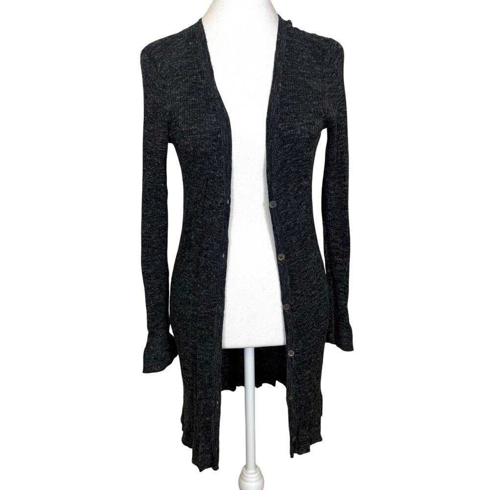 Eileen Fisher Long Ribbed Cardigan Women’s XS Heather Gray Wool Linen Blend EUC